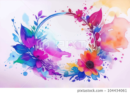 Watercolor Flower Wreath Illustration with Colorful Paint Splash on Light Background. Vintage Aquarelle Wallpaper Design for Banner, Poster, Invitation or Greeting Card. Watercolor Flower Wreath Illustration with Colorful Paint Splash on Light Background. Vintage Aquarelle Wallpaper Design for Banner, Poster, Invitation or Greeting Card. 104434061