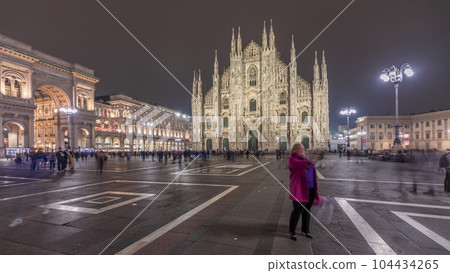 Panorama showing Milan Cathedral and Vittorio Emanuele gallery night timelapse. Panorama showing Milan Cathedral and Vittorio Emanuele gallery night timelapse. 104434265