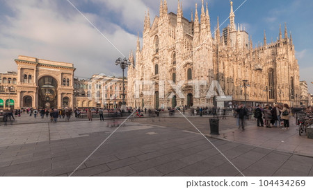 Panorama showing Milan Cathedral and Vittorio Emanuele gallery timelapse. Panorama showing Milan Cathedral and Vittorio Emanuele gallery timelapse. 104434269