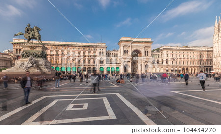 Panorama showing Milan Cathedral and Vittorio Emanuele gallery timelapse. 104434270