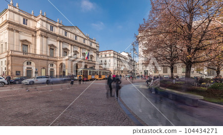 Panorama showing theater La Scala timelapse and a monument to Leonardo da Vinci Panorama showing theater La Scala timelapse and a monument to Leonardo da Vinci 104434271