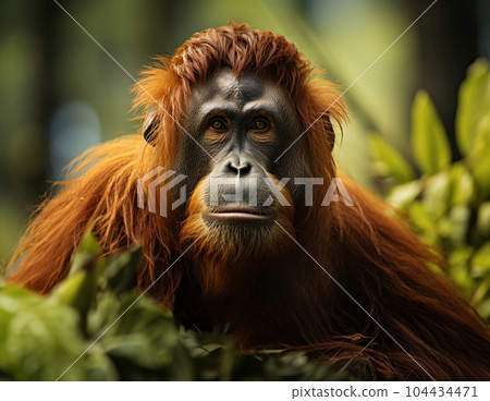 Wildlife conservation concept and copy space. View of Orang Utan Wildlife conservation concept and copy space. View of Orang Utan 104434471