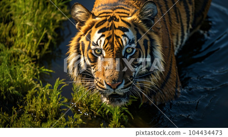 Top view of close up view of a Malaysian tiger. Wildlife concept and copy space Top view of close up view of a Malaysian tiger. Wildlife concept and copy space 104434473