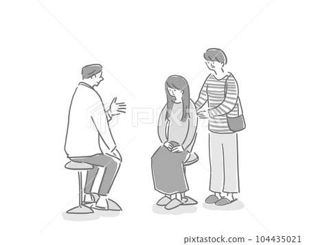 A young woman with her head down who talks to a male doctor or counselor and her accompanying mother (monochrome) A young woman with her head down who talks to a male doctor or counselor and her accompanying mother (monochrome) 104435021