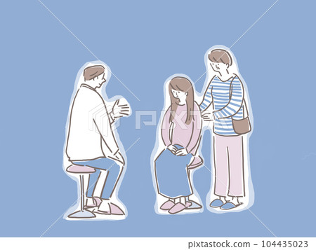 A young woman with her head down who talks to a male doctor and counselor and her accompanying mother (plain background) A young woman with her head down who talks to a male doctor and counselor and her accompanying mother (plain background) 104435023