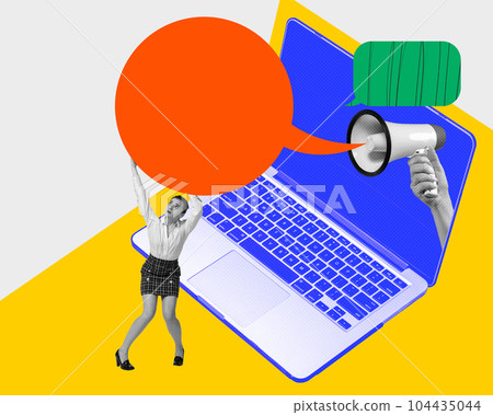 Young woman, employee and boss notifications. Communication via laptop, online remote work. Contemporary art collage. 104435044