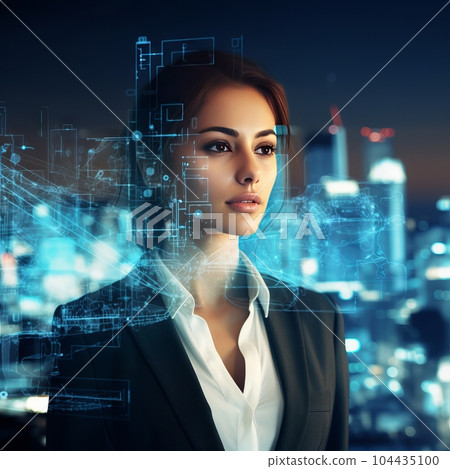 Attractive businesswoman on abstract night city background. Business Innovation. Portrait of young businesswoman on abstract digital cyberspace hologram  background. Future and technology concept 104435100