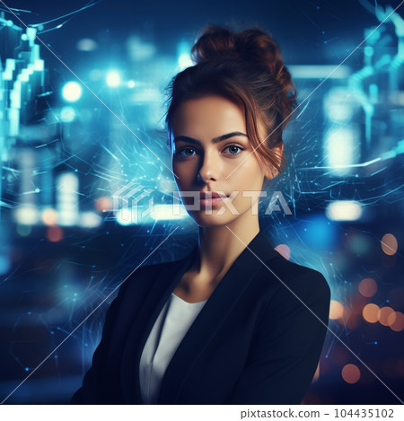 Attractive businesswoman on abstract night city background. Business Innovation. Portrait of young businesswoman on abstract digital cyberspace hologram  background. Future and technology concept 104435102