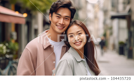 Happy young Asian couple standing in the street, looking at the camera. Closeup portrait of a cheerful young Asian couple in the city garden. Beautiful romantic shot of a smiling couple outdoors. 104435720