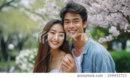 Happy Asian couple in love in a blooming garden on a spring day. Closeup portrait of a cheerful Asian couple in love walking in blooming sakura park. Young adults on a romantic walk outdoors. Happy Asian couple in love in a blooming garden on a spring day. Closeup portrait of a cheerful Asian couple in love walking in blooming sakura park. Young adults on a romantic walk outdoors. 104435721