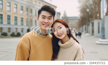 Happy young Asian couple standing in the street, looking at the camera. Closeup portrait of a cheerful young Asian couple in the city garden. Beautiful romantic shot of a smiling couple outdoors. Happy young Asian couple standing in the street, looking at the camera. Closeup portrait of a cheerful young Asian couple in the city garden. Beautiful romantic shot of a smiling couple outdoors. 104435722