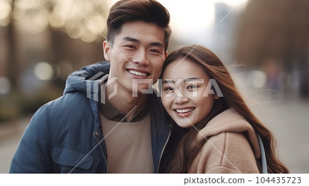Happy young Asian couple standing in the street, looking at the camera. Closeup portrait of a cheerful young Asian couple in the city garden. Beautiful romantic shot of a smiling couple outdoors. Happy young Asian couple standing in the street, looking at the camera. Closeup portrait of a cheerful young Asian couple in the city garden. Beautiful romantic shot of a smiling couple outdoors. 104435723
