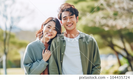 Happy Asian couple in love in a blooming garden on a spring day. Closeup portrait of a cheerful Asian couple in love walking in blooming sakura park. Young adults on a romantic walk outdoors. 104435724