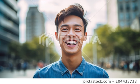 Happy young Asian man smiling and looking at the camera in the park. Closeup portrait of a cheerful young male Asian adult standing on a street. Man in wild nature on a bright and warm summer day. 104435738