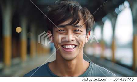 Happy young Asian man standing on the street, smiling man outdoors. Closeup portrait of a cheerful young male Asian adult on a street. Man on a walk outside on a bright and warm summer day. 104435740