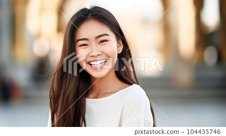 Happy young Asian girl standing on the street, a smiling woman outdoors. Closeup portrait of a cheerful young female Asian adult on a street. Girl outside on a bright and warm summer day. 104435746