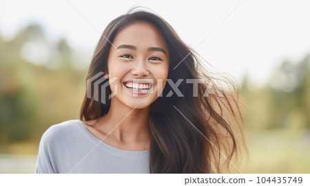 Happy young Asian girl standing in the woods, a smiling woman outdoors. Closeup portrait of a cheerful young female Asian adult in wild nature. Girl outside on a bright and warm summer day. 104435749