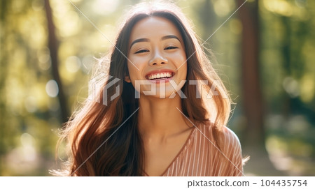 Happy young Asian girl standing in the woods, a smiling woman outdoors. Closeup portrait of a cheerful young female Asian adult in wild nature. Girl outside on a bright and warm summer day. 104435754