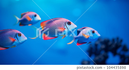Tropical sea underwater fishes on coral reef. Aquarium oceanarium wildlife colorful marine panorama landscape nature snorkeling diving 104435898