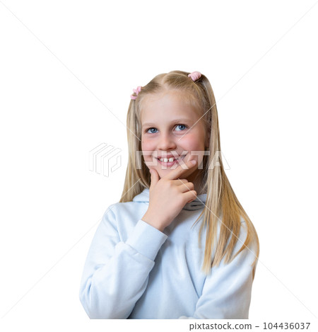 Portrait of cute little happy confident curious schoolgirl smiling with ask question pensive expression isolated on white background. Back to school concept. Smart kid girl learning and development Portrait of cute little happy confident curious schoolgirl smiling with ask question pensive expression isolated on white background. Back to school concept. Smart kid girl learning and development 104436037