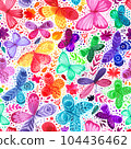 Seamless pattern with watercolor flowers and butterflies. Freehand drawing, rainbow colors pattern. Decorative wallpaper design 104436462