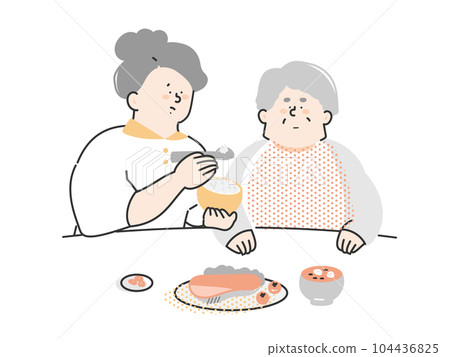 Senior man who refuses meal assistance by nursing staff Senior man who refuses meal assistance by nursing staff 104436825