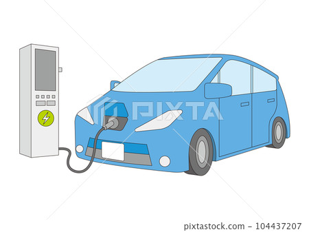 Illustration of a blue electric car being charged _2_with main line Illustration of a blue electric car being charged _2_with main line 104437207