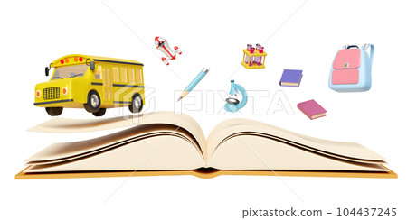 3d yellow school bus cartoon sign icon, vehicle for transport students isolated. accessories with microscope, open book, bag, pencil, school supplies, back to school 3d render 3d yellow school bus cartoon sign icon, vehicle for transport students isolated. accessories with microscope, open book, bag, pencil, school supplies, back to school 3d render 104437245