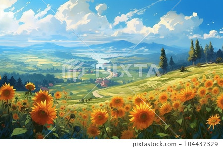 Summer sunflower field landscape-watercolor anime background 104437329