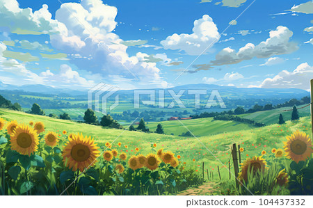 Summer sunflower field landscape-watercolor anime background 104437332