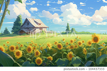 Summer sunflower field landscape and house-watercolor anime background 104437333