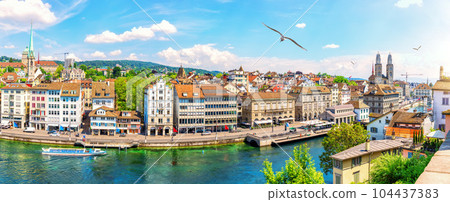 Skyline panorama on the downtown of Zurich at sunny day, Switzerland 104437383