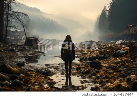 Nature's Cry for Help: Explore a town suffocated by mountains of trash, where vibrant flora and fauna struggle to survive amidst the pollution illustration generative ai 104437444