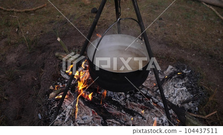cooking on a campfire in the forest 104437511