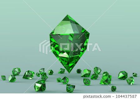 Precious emerald stone with scattering of small green crystals on background 3d render. Realistic mineral gems, shiny jewel rocks, natural gemstones, sapphire, tourmaline or diamond. 3D illustration Precious emerald stone with scattering of small green crystals on background 3d render. Realistic mineral gems, shiny jewel rocks, natural gemstones, sapphire, tourmaline or diamond. 3D illustration 104437587