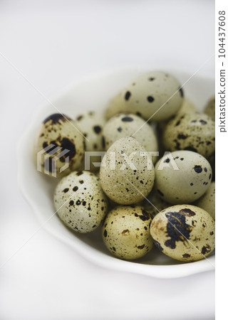 Quail eggs in a white plate. Food eggs on a white background. 104437608