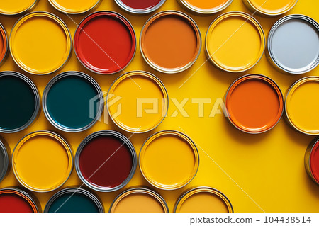 Many different colored tin cans with paint. House rennovation, design ideas, bright conceptual photo. High quality photo with copy space. AI generated 104438514