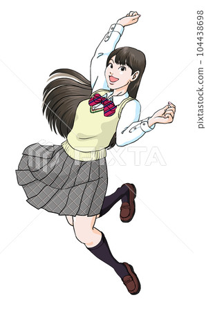 A high school girl who is happy with a guts pose while jumping _ long-sleeved vest 104438698