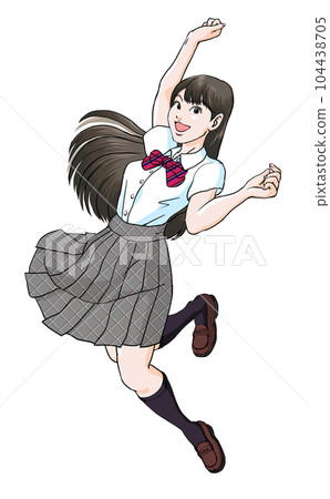 跳躍時擺出大膽姿勢的女高中生_夏裝樂福鞋 104438705