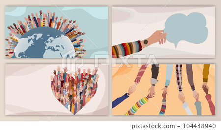 Volunteer people group concept flyer brochure poster editable template.Multicultural people with hands raised around the earth. People diversity. NGO Aid concept. Solidarity.Heart shape 104438940