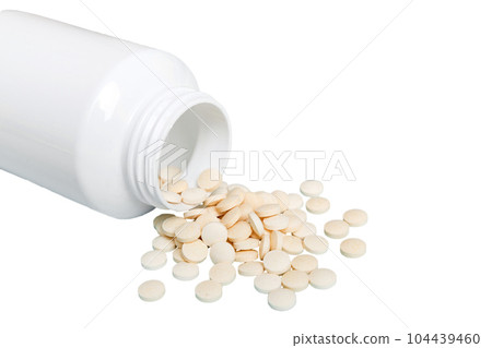 White medicines flow from container. medicine white pill bottle isolated on a white background White medicines flow from container. medicine white pill bottle isolated on a white background 104439460