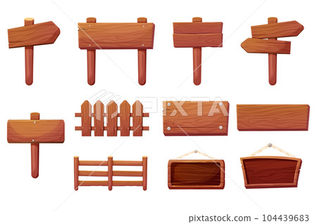 Set of wooden tablets, hanging textured panels rope, signboards with pointer, fence with nails in cartoon style isolated on white background. Rustic board, plank with place. Ui game assets Set of wooden tablets, hanging textured panels rope, signboards with pointer, fence with nails in cartoon style isolated on white background. Rustic board, plank with place. Ui game assets 104439683