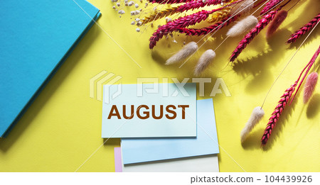 Text august on sticker, near ears of wheat and turquoise notebook on yellow background Text august on sticker, near ears of wheat and turquoise notebook on yellow background 104439926