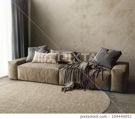 Hotel room with sofa. High quality illustration 3d rendering scandinavian vintage livingroom. Empty mock up wall 104440052