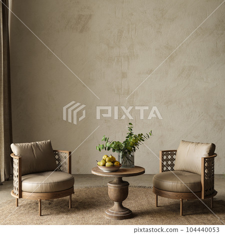 Livingroom with furniture and vase of plants on table. High quality illustration 3d rendering farmhouse style. Mock up plaster wall background 104440053