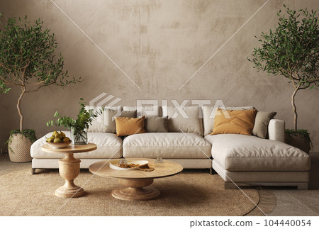 Livingroom with wooden furniture and vase of flowers on table. Pastel colors. Home interior mockup. 3d render illustration 104440054