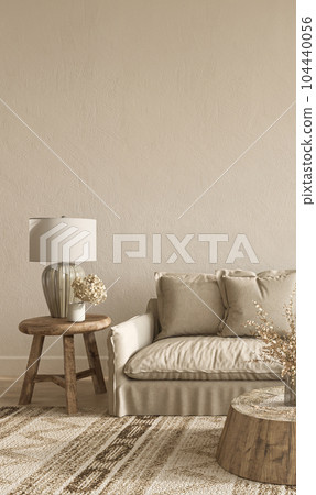 Livingroom scandinavian boho style. Mock up poster frame in modern interior background. 3d rendering illustration. High quality image in beige color 104440056