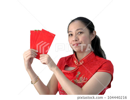 Asian middle age woman happy celebrate chinese new year with red envelops happy festival 104440216