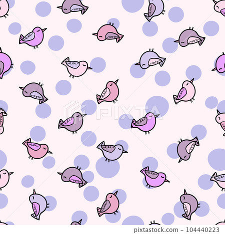 Seamless pattern with funny colorful birds. Color flat vector illustration with little cartoon bird. Cute characters. Template design for invitation, poster, card, flyer, textile, fabric for kids 104440223