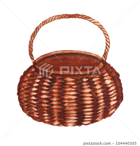 Basket. Wicker brown basket made of natural material - vines on a white background. Hand-drawn for your design Basket. Wicker brown basket made of natural material - vines on a white background. Hand-drawn for your design 104440385